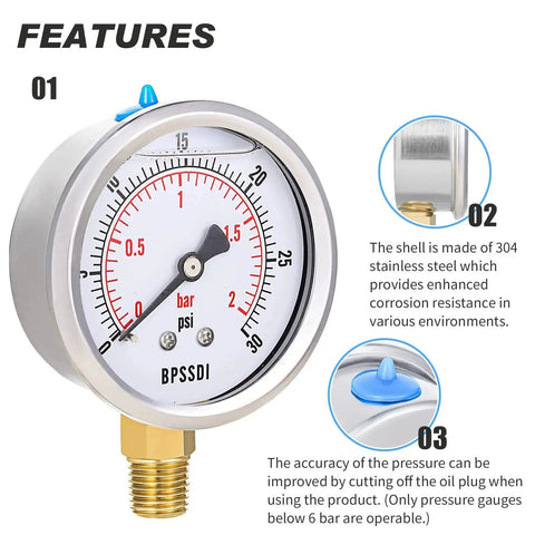 Glycerin Filled Low Pressure Gauge 0 To 30 Psi, 2.5 Inch Dial, Lower Mount One Quarter Inch NPT, 304 Stainless Steel Case, Brass And Stainless Wetted Parts, For Water Pipes HVAC Oil And Air Pressure Tests BPSSDI, showcasing features and design.