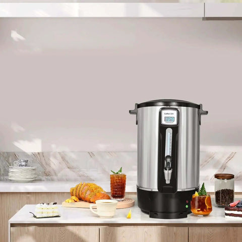 Commercial Coffee Urn 50 Cup 12L Stainless Steel Heavy Duty Coffee Maker on countertop for catering gigs, events, offices.