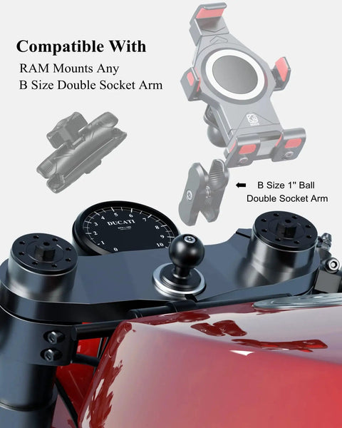 Motorcycle handlebar with Beefy Metal Motorcycle Fork Stem Mount Base With 1 Inch TPU Ball For Stem Holes 12mm To 25.4mm installed