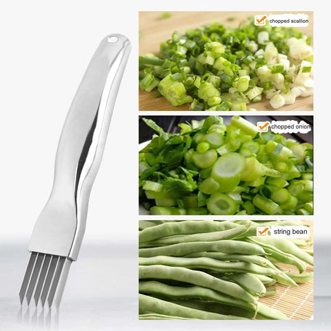 Six Blade Scallion Cutter Shred Knife With Stainless Steel Blades For Even Onion And Garlic Shredding, Must Have Time Saver Veggie Chopper For Home Kitchen And Professional Use In Restaurants Or Hotels, Compact Silver A122 By UGpine next to chopped scallions, onions, and string beans.