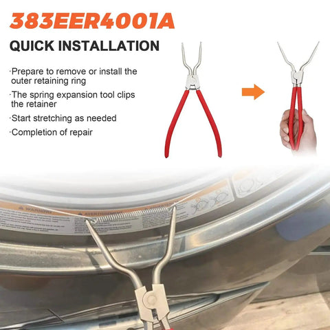 Beaquicy 383EER4001A tub spring expansion tool with red handles; used in LG/Samsung washer to spread tub springs.
