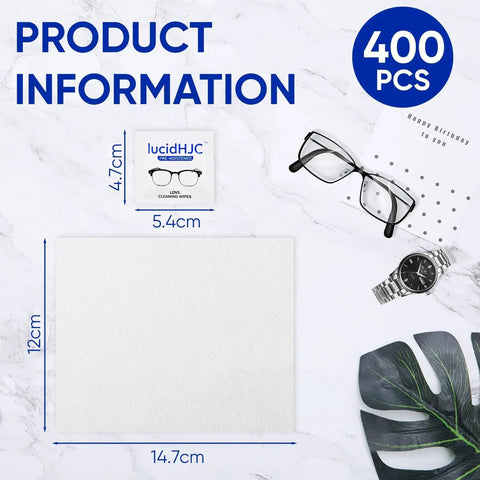 Multiuse Lens Wipes For Glasses, Cameras And Screens, 400 Individually Wrapped, size and product info card with glasses and watch