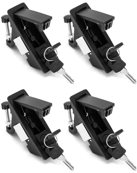 Large Hand Operated Compression Latch With Push Button Actuation For Marine Use, showing four black latches with keys.