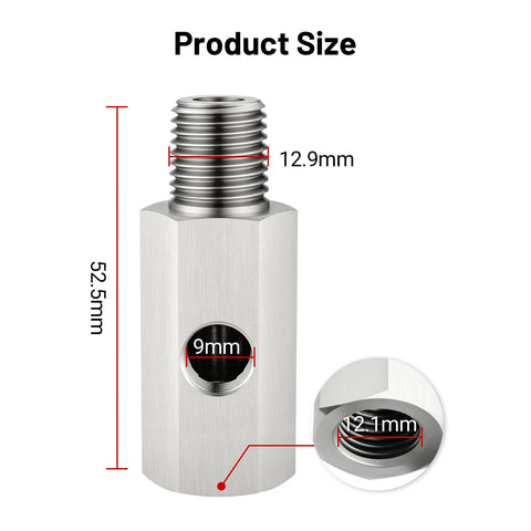 Stainless EVIL ENERGY oil pressure sensor tee adapter, 1/4 NPT male to 1/4 NPT female with 1/8 NPT port, silver