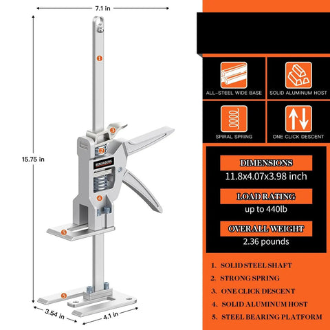 Labor Saving Arm Jack Two Piece Set For Doors Cabinets Windows And Drywall Lift with dimensions and features labeled