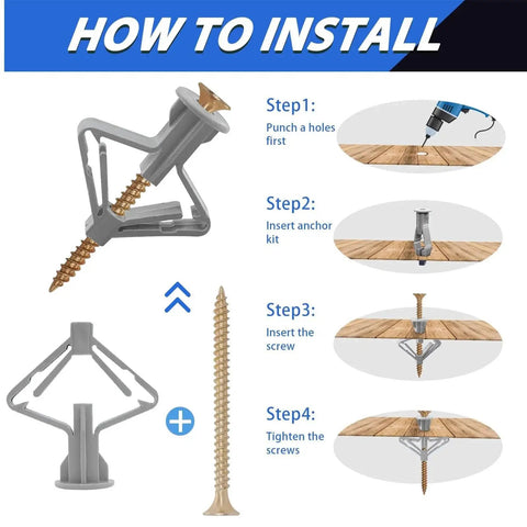 Installation guide for Plastic Toggle Anchors With Screws 50 Pack Wall Plug Set For Drywall Plasterboard Shelves Hooks Frame Mounting