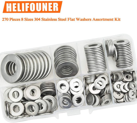 HELIFOUNER 270-piece stainless steel flat washers assortment kit, 8 sizes, 304 stainless, organizer box, Amazon brand