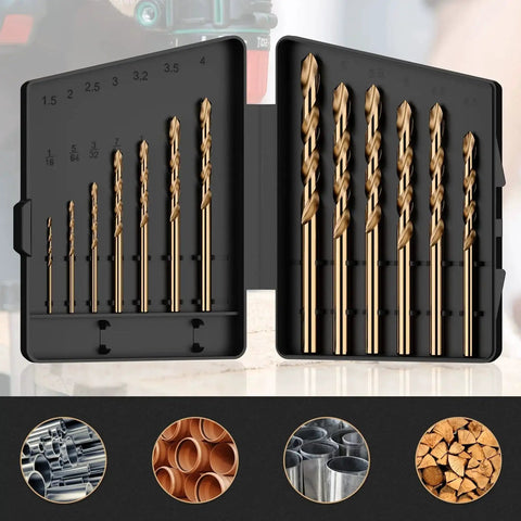 Pro Grade M35 Cobalt Drill Bit Set 13-Piece High Speed Steel Jobber Length Kit For Hardened Metal Stainless Steel Cast Iron Wood And Plastic With Index Storage Case Sizes 1/16 To 1/4 Inch in open case