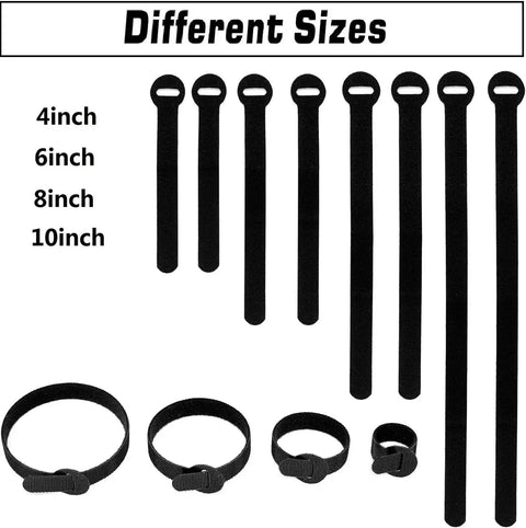 150 Piece Reusable Cable Ties Set With 4, 6, 8, 10 Inch Hook And Loop Straps in different sizes shown side by side