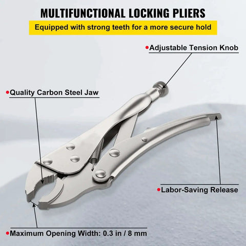Image of multifunctional locking pliers with adjustable tension knob, carbon steel jaw, labor-saving release, and 0.3 in opening width.