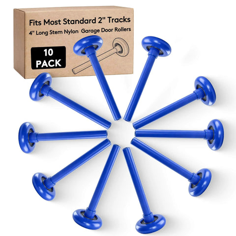 10 Pack 2 Inch Nylon Garage Door Rollers With 6200-2RS Bearings And 4 Inch Carbon Steel Stem displayed with packaging