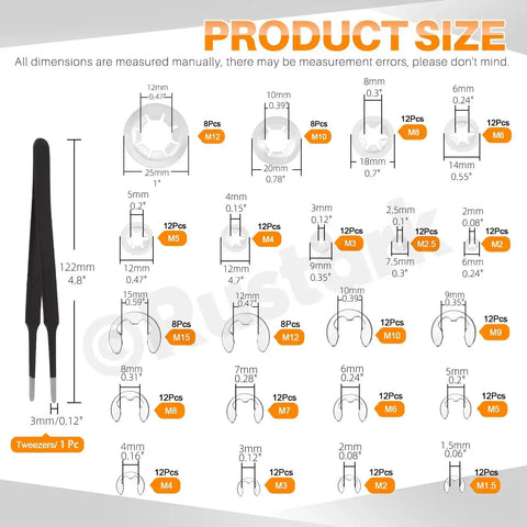 Stainless Steel E Clips and Internal Tooth Star Lock Washers Kit, 304 Grade, size chart with 12 clip sizes and 9 washer sizes.