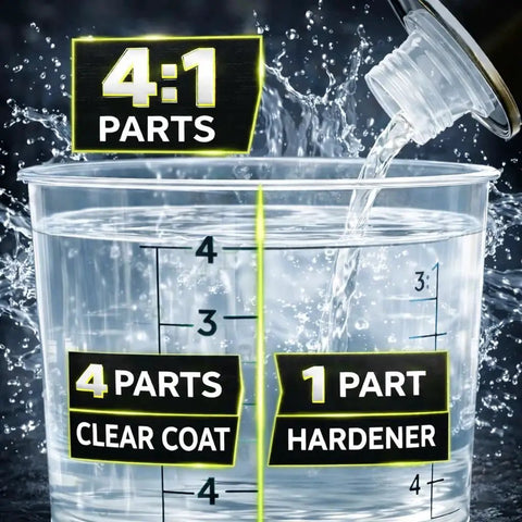 Mixing guide for 2K Clearcoat Automotive Paint Kit With Hardener Topcoat For Cars 1.25 Gallon showing 4:1 ratio
