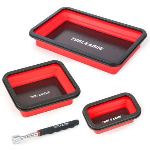 Collapsible Magnetic Parts Tray Set With 15Lb Magnetic Pickup Pen, 3 Size Silicone Foldable Tool Trays For Organizing Screws Bolts Nuts Washers Pins And Other Small Metal Parts Handy And Pro Grade TOOLEAGUE