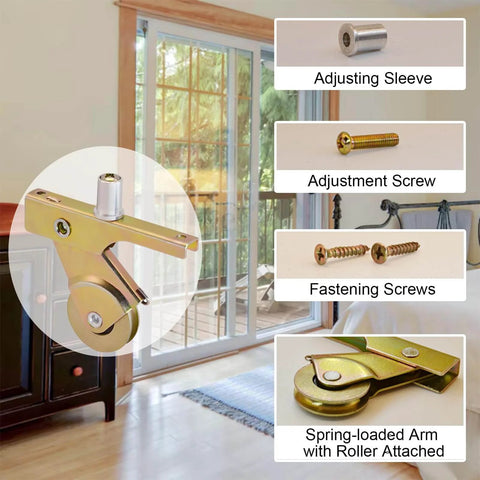 Spring Loaded Sliding Screen Door Roller Replacement with 1 Inch Steel Ball Bearing Concave Wheels for Smooth Glide and Easy Install fits most standard aluminum screen doors and other major brands 4 pack shown with adjusting components and screws.
