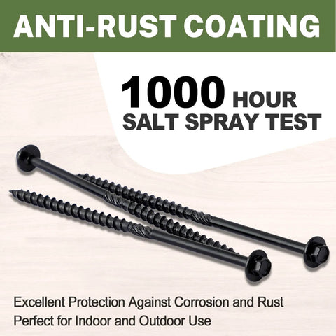 Built Tough Structural Wood Lag Screws 6 Inch, 60 Count 14 By 6 Heavy Duty Rust Resistant Hex Head Exterior Timber Screws in black with anti-rust coating.