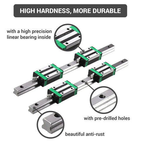 2 Piece 800mm HGR20 Linear Guide Rail Kit With 4 HGH20CA Carriages For DIY CNC Routers Lathes Mills And 3D Printers Includes Wrench And Plastic Dust Caps For Maker Friendly Smooth Precision And Durable Performance showing high hardness and pre-drilled holes.