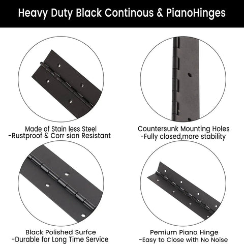 Two Pack 6 Inch Black Heavy Duty Piano Hinges Stainless Steel 2 Inch Open Width showing features and material details.