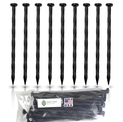 30 Pack USA Made 8 Inch Plastic Edging Nails With Spiral Nylon Landscape Stakes displayed in front of packaging with labels.