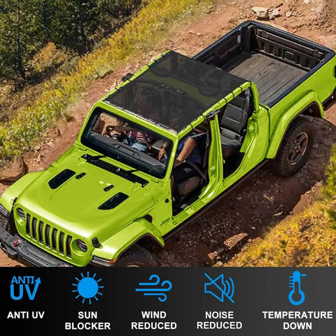 Jeep Gladiator JT Full Length Sun Shade Roof Bikini Cover UV Block Wind Noise installed, shown on green Jeep from above