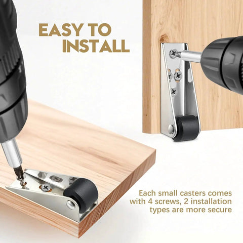 4 Pack Bedroom Door Sinking Repair Caster Wheels 0.9 Inch Multifunctional Low Profile Casters mounted on wooden surface