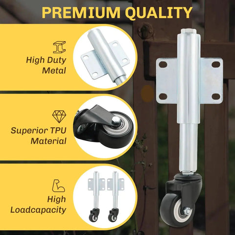 2 Inch Spring Loaded Gate Caster Wheels, 2 Pack Retractable Swivel Casters for Garden Gates shown installed on a fence.