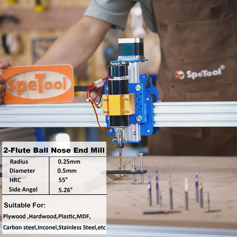 Tapered Ball Nose End Mill Set For CNC Router Four Pack With One Quarter Inch Shank And Radius Two Hundred Fifty Microns Tip on SpeTool machine.
