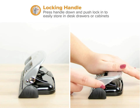 EZ Squeeze Three Hole Punch For 12 Sheets No Jam 50 Percent Less Force Heavy Duty Metal Construction with locking handle feature