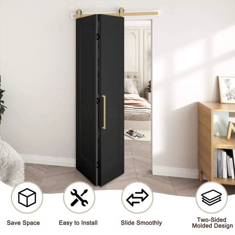 36 By 84 Inch Bifold Barn Door In Textured Black With Vinyl Wrap Two Panel Hollow Core Interior Door With Brushed Gold Hardware Kits