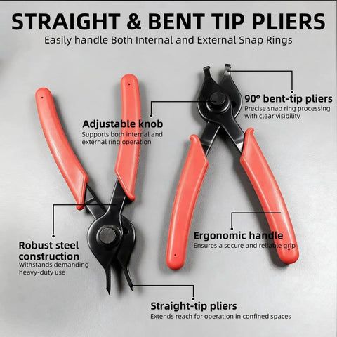 10 Piece Snap Ring Pliers Set Heavy Duty Internal And External Circlip Pliers Kit with straight and bent tip pliers on display.