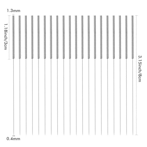 40 Piece 3D Printer Nozzle Cleaning Kit With 0.4mm Stainless Steel Cleaning Needles shown in vertical alignment with dimensions