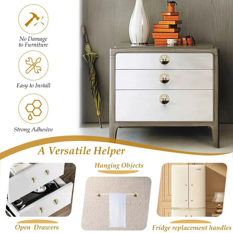 Infographic showing uses of Two Pack Clear Acrylic Adhesive Cabinet Pulls With Center Hole 5 Inch Self Stick Knobs on furniture