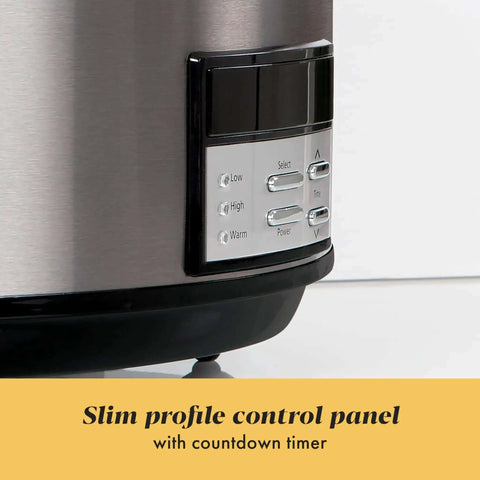 Close-up of the 8-Quart Go-To Programmable Slow Cooker With Auto Warm, Digital Timer, and Easy Cleanup in black stainless steel control panel.