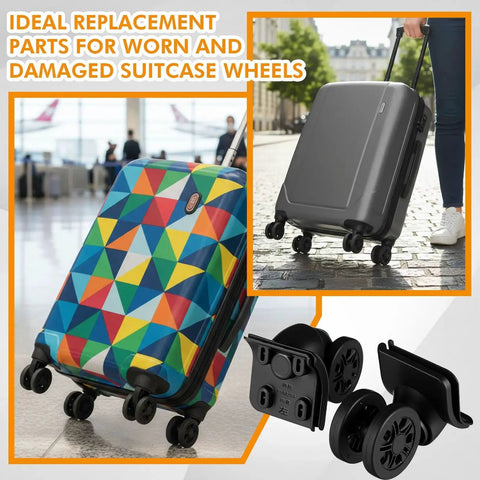 Four Pcs Luggage Wheel Replacement Set With Two Left And Two Right Caster Wheels Includes Screws And Screwdriver For Suitcase Repair Quiet Bearing Spinner Wheels For Smooth Rolling And Durable Travel Luggage Maintenance shown with colorful and black suitcase examples