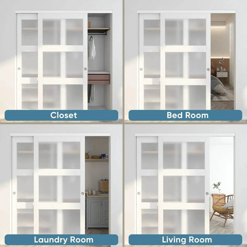 Sliding Closet Door Set 72 Inch High By 80 Inch Wide Double 37 Inch Panels With Three Lite Frosted Glass Bypass Design in various rooms