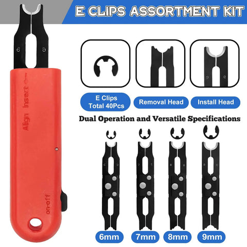 Pro Grade E Clip Snap Ring Kit With Removal And Installation Tool Four Size Set 6 mm 7 mm 8 mm 9 mm Includes 40 Retaining Rings