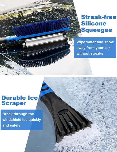 All In One Extendable Snow Brush With 180 Degree Pivoting Head Car Ice Scraper Snow Broom And Squeegee For Easy Snow Removal On Cars SUVs And Trucks For All Winter Conditions close-up view of silicone squeegee and ice scraper features