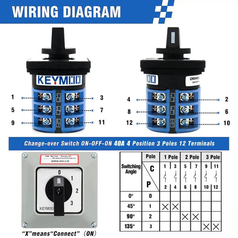 40 Amp Changeover Switch With Exterior Box, 4 Positions And 3 Poles, Latching Cam Switch wiring diagram and details