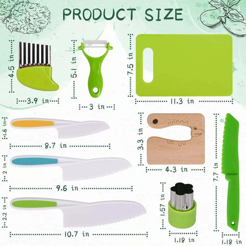 Montessori Kitchen Tools For Toddlers 13 Piece Set With Kid Safe Knives Crinkle Cutter Peeler Cutting Boards Wooden Knives And Sandwich Cutters, illustrated with product sizes.