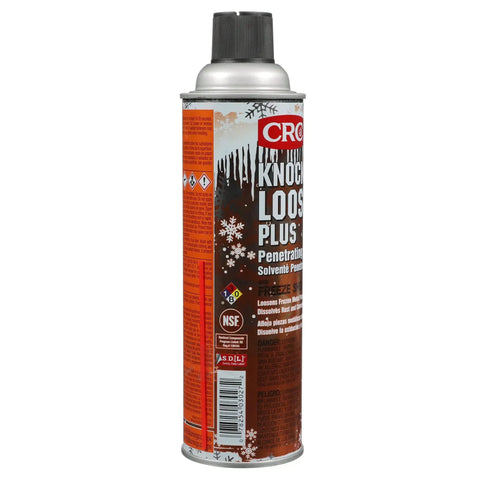 Front view of CRC Knock’er Loose Plus penetrating solvent aerosol can with reddish label, 11.5 oz.