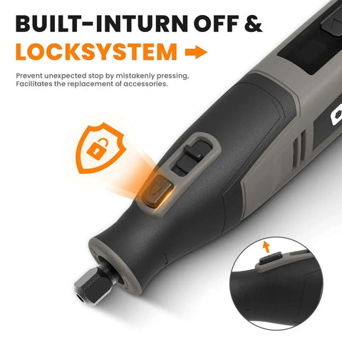 Built-in turn off and lock system on Powerful 4V Cordless Rotary Tool Kit With 80Pcs Accessories 4000mAh Battery 6 Speeds From 8000 To 28000 RPM With Digital Display For Cutting Sanding Polishing Drilling Engraving And DIY Crafts HARDELL Grey.