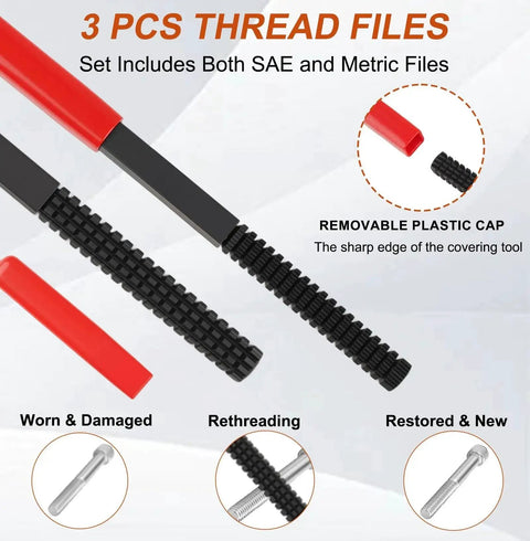 All In One 49 Piece Thread Chaser And Repair Kit For UNC UNF And Metric Bolts Nuts And Screws With 22 Taps 24 Dies And 3 Files, showing 3 thread files with red handles and text descriptions.