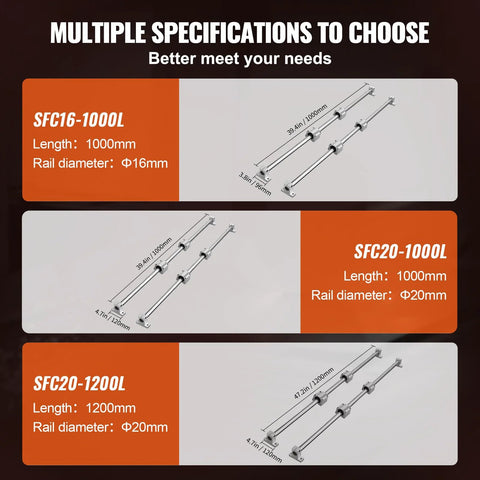 VEVOR linear rail slide kits: SFC16-1000L 1000mm Ø16mm, SFC20-1000L 1000mm Ø20mm, SFC20-1200L 1200mm Ø20mm