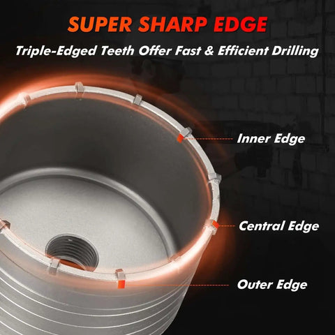 Close-up of Heavy Duty Tungsten Carbide Core Drill Bit Set With SDS Adapter And Concrete Hole Saw Kit showing sharp edges.