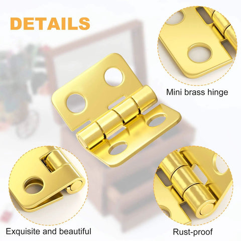 Close-up view of small brass hinge with holes, labeled as exquisite, mini, and rust-proof. Part of Thirty Pieces Small Brass Hinges For Crafts With 120 Screws And Nails, 13 X 12 Mm Mini Hardware For Jewelry Boxes, Wooden Chests And Cabinets, DIY Projects, Retro Vintage Look, Rust Resistant Metal For Quick Builds.