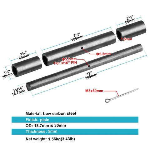 Heavy Duty Weld On Barrel Hinges 12 Inch Set OTTFF Two Pack 3 Piece Hinges For Trailer Ramp Door And Metal Gate Carbon Steel Black Finish With Eleven Sixteenth Inch Pin And M3 By 50 Mm Clevis Pin Included