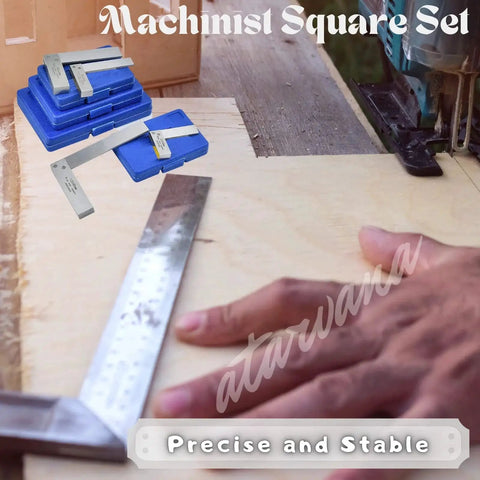 Machinist Square Set 2 3 4 6 Inch Pro Grade L Type Right Angle Ruler For Woodworking And Metalworking on a workbench