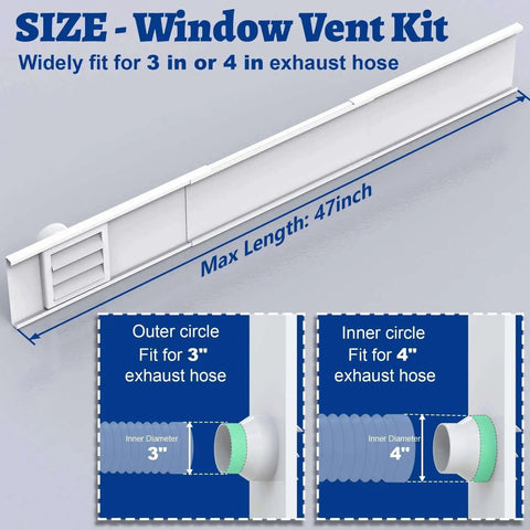 Diagram showing the Window Vent Kit With Louvered Cover For 3 Inch And 4 Inch Vent Hose, adjustable panels for ventilation.