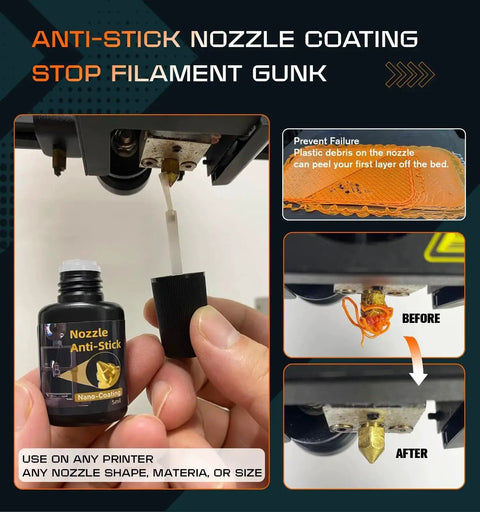 Anti-stick nozzle coating being applied to 3D printer nozzle to prevent filament gunk, with before and after comparison images.