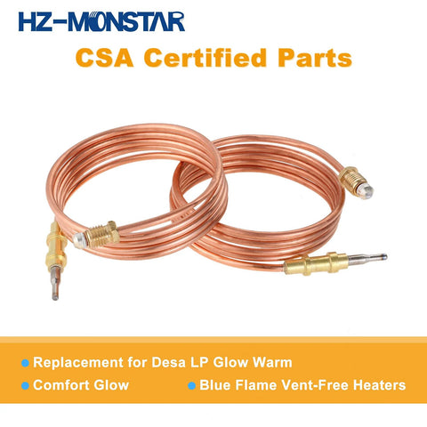 Front view of two copper gas heater thermocouples with brass fittings and sensor tips, HZ-MONSTAR